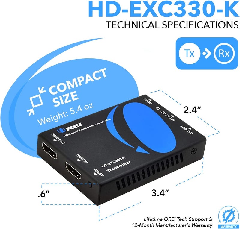 OREI HDMI over Ethernet Extender Over CAT5/CAT6 over IP one to many option, with IR Upto 330 Feet - Loop Out - 1080P Full HD Signal Distribution (HD-EXM330-K) - Image 5